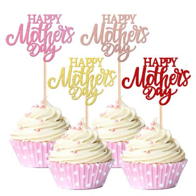 Rsstarxi 24 Pack Happy Mother's Day Cupcake Toppers Glitter Best Mom Ever Love Mother Cupcake Picks for Happy Mother's Day Birthday Party Cake Decortions Supplies Multicolor