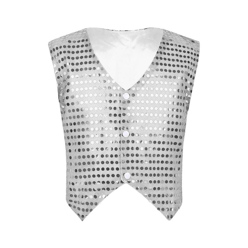 ACSUSS Kids Boys Sparkle Sequins Vest Waistcoat Jacket Hip-Hop Jazz Modern Dance Choir Performance Costume Silver 7-8 Years