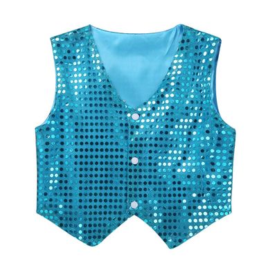 ACSUSS Kids Boys Sparkle Sequins Vest Waistcoat Jacket Hip-Hop Jazz Modern Dance Choir Performance Costume Light Blue 5-6 Years