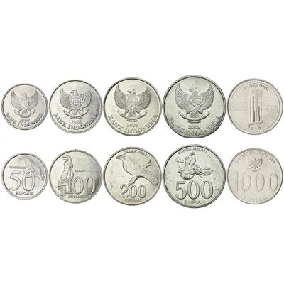 5 Coins from Indonesia | Indonesian Coin Set Collection 50 100 200 500 1000 Rupiah | Circulated 1999-2010 | Bali Myna | Palm Cockatoo | Black-Naped Oriole | Jasminum Sambac | Angklung