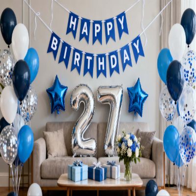 27th Birthday Party Decoration Blue for Him, Happy Birthday Banner Blue Number 27 Birthday Star Foil Balloons Latex Confetti Balloons for Men Him Boyfriend 27 Years Old Birthday Supplies (27th)