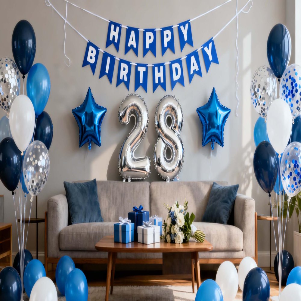 28th Birthday Party Decoration Blue for Him, Happy Birthday Banner Blue Number 28 Birthday Star Foil Balloons Latex Confetti Balloons for Men Him 28 Years Old Birthday Supplies(28th)
