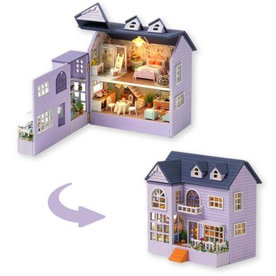 TuKIIE DIY Miniature Dollhouse Kit with Furniture, 1:32 Scale Creative Room Opened & Closed Mini Wooden Doll House for Kids Teens Adults(Happy House)