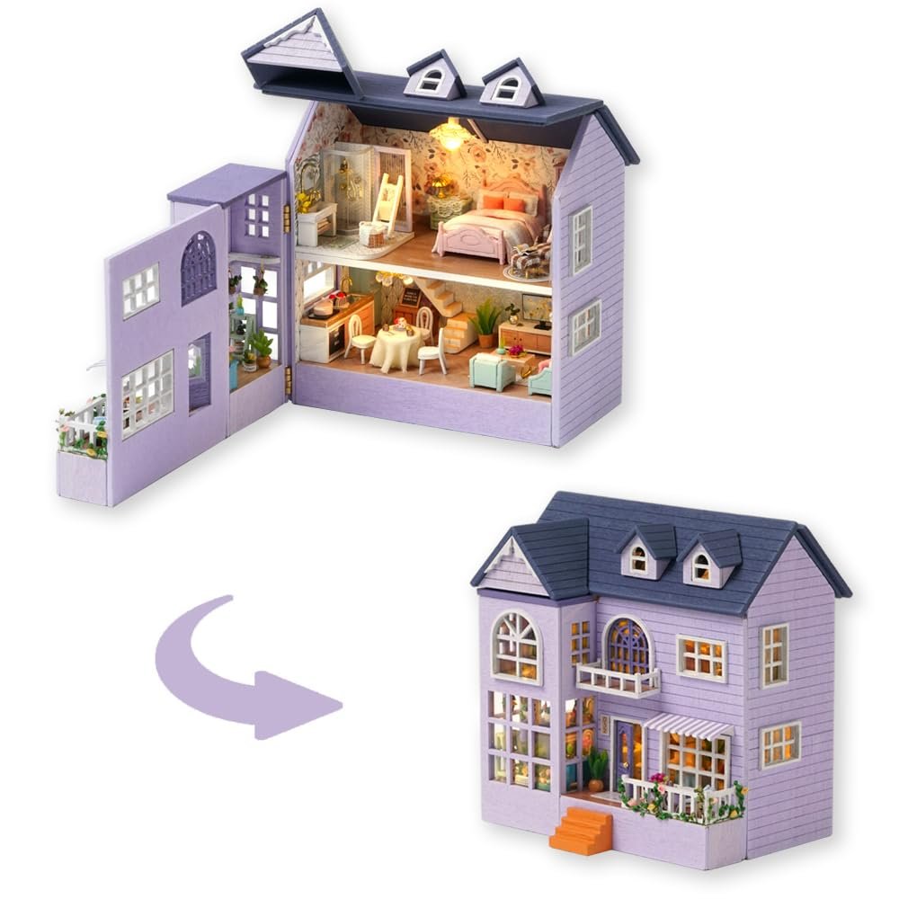 TuKIIE DIY Miniature Dollhouse Kit with Furniture, 1:32 Scale Creative Room Opened & Closed Mini Wooden Doll House for Kids Teens Adults(Happy House)