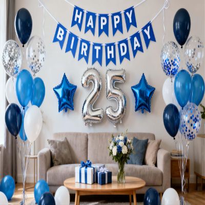 25th Birthday Party Decoration Blue for Him, Happy Birthday Banner Blue Number 25 Birthday Star Foil Balloons Latex Confetti Balloons for Men Him 25 Years Old Birthday Supplies(25th)