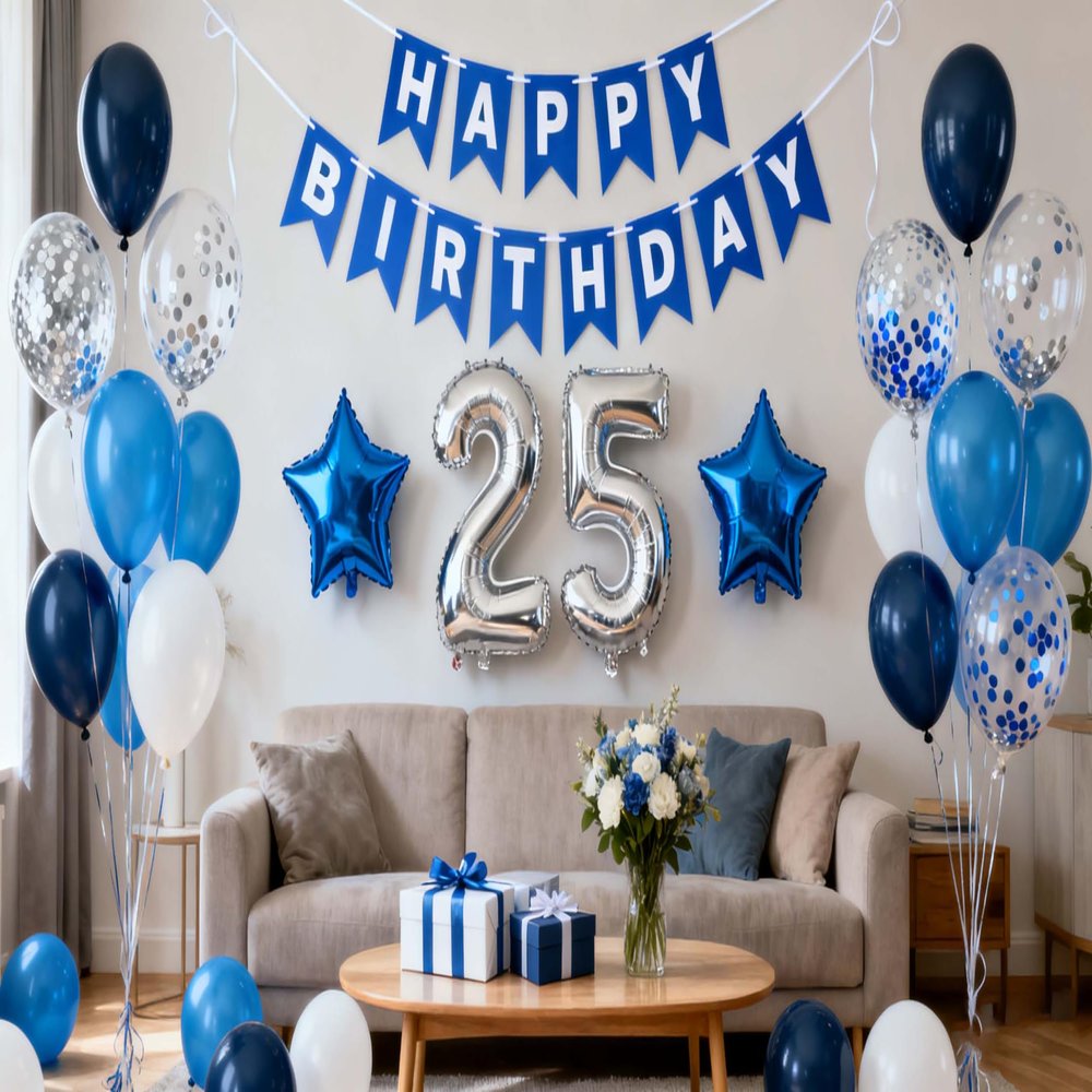25th Birthday Party Decoration Blue for Him, Happy Birthday Banner Blue Number 25 Birthday Star Foil Balloons Latex Confetti Balloons for Men Him 25 Years Old Birthday Supplies(25th)