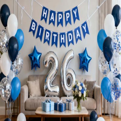 26th Birthday Party Decoration Blue for Men, Happy Banner Star Foil Balloons Latex Confetti Supplies - Number 26 for Him 26 Years Old