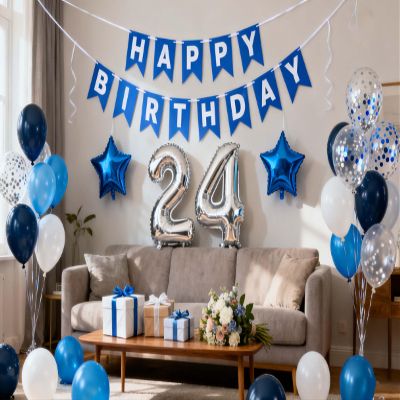 24th Birthday Party Decoration Blue for Men, Happy Birthday Banner Blue Number 24 Birthday Star Foil Balloons Latex Confetti Balloons for Men Him 24 Years Old Birthday Supplies(24th)
