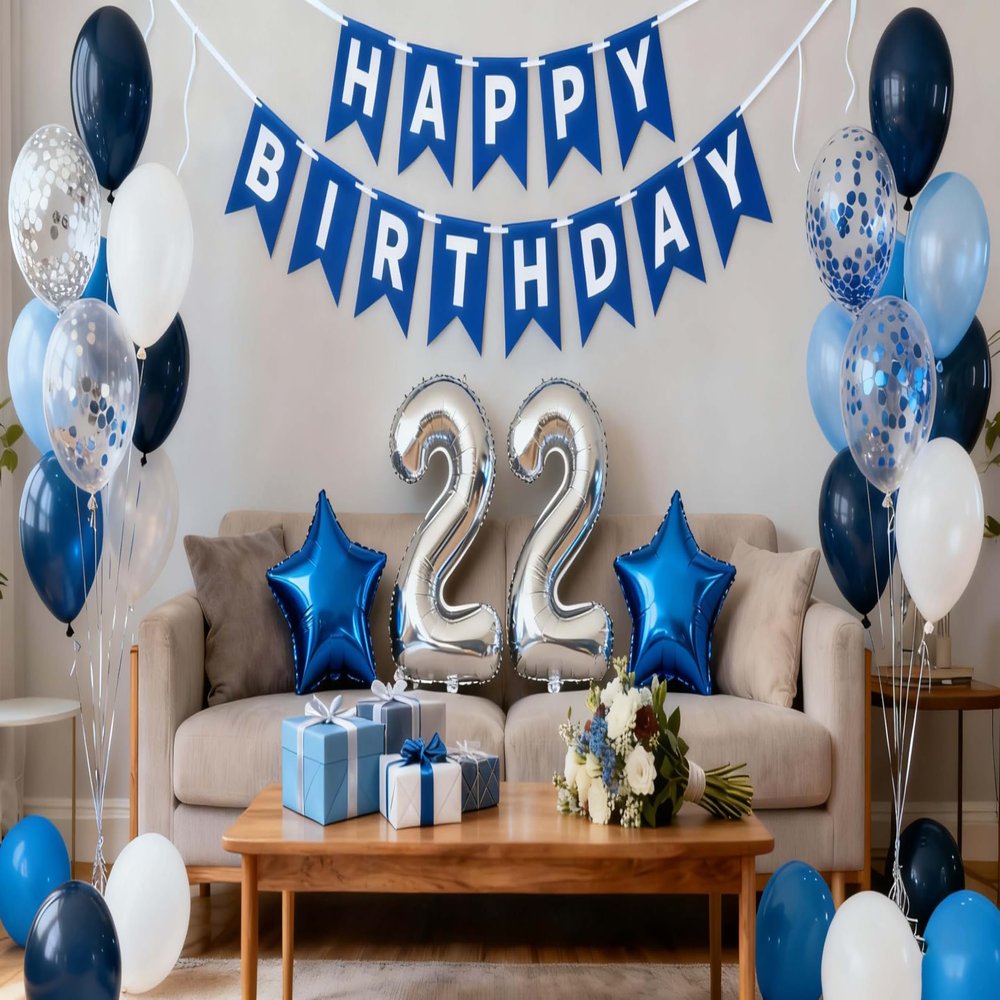 22nd Birthday Party Decoration Blue for Him, Happy Birthday Banner Blue Number 22 Star Foil Balloons Latex Confetti Balloons for Men Him Boyfriend 22 Years Old Birthday Supplies(22nd)