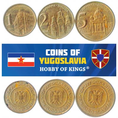 3 Coins from Yugoslavia | Yugoslav Coin Set Collection 1 2 5 Dinara | Circulated 2000-2002 | Yugoslavia National Bank | Gracanica Monastery | Yugoslav Parliament | Two Headed Eagle