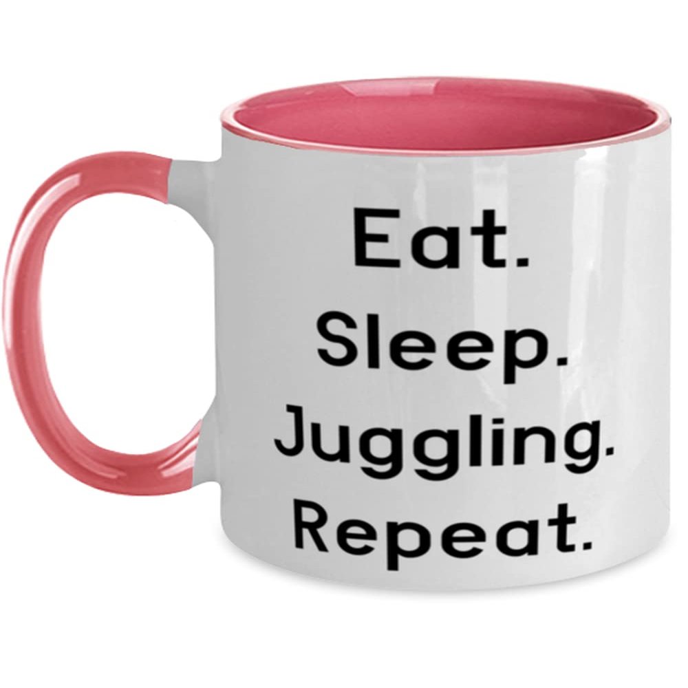 Joke Juggling Gifts, Eat. Sleep. Juggling. Repeat, Juggling Two Tone 11oz Mug From Friends, Jugglingpresentgift juggling balls, Juggling clubs, Juggling scarves, Juggling rings, How to juggle