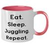 Joke Juggling Gifts, Eat. Sleep. Juggling. Repeat, Juggling Two Tone 11oz Mug From Friends, Jugglingpresentgift juggling balls, Juggling clubs, Juggling scarves, Juggling rings, How to juggle view 2