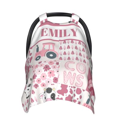 Personalized Baby Car Seat Canopy for Girls, Custom Name Baby Car Seats Covers for Babies, Opening Minky Nursing Breastfeeding Stroller Cover Infant Carseat Canopies for Newborn (Cute Cow Pink)