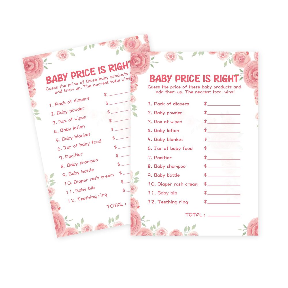 50 Baby Shower Games for Girl-Baby Price Is Right,Floral Theme, Thick Cardstock, Fun and Easy to Play