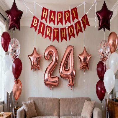 24th Birthday Party Decorations Rose Gold for Women, Birthday Banner Rose Red Number 24 Balloons Star Foil Balloons 24th Birthday Confetti Balloons for Women 24 Years Old Birthday Party(24th)