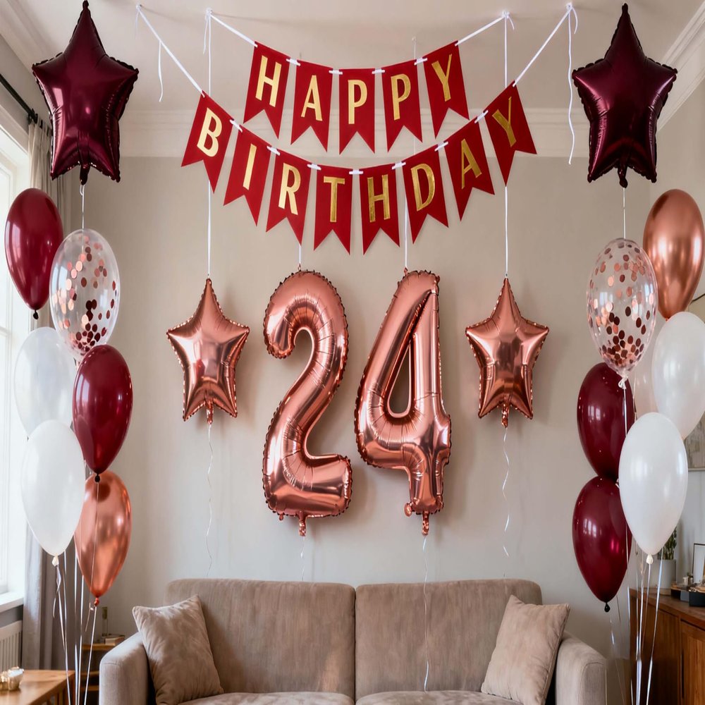 24th Birthday Party Decorations Rose Gold for Women, Birthday Banner Rose Red Number 24 Balloons Star Foil Balloons 24th Birthday Confetti Balloons for Women 24 Years Old Birthday Party(24th)