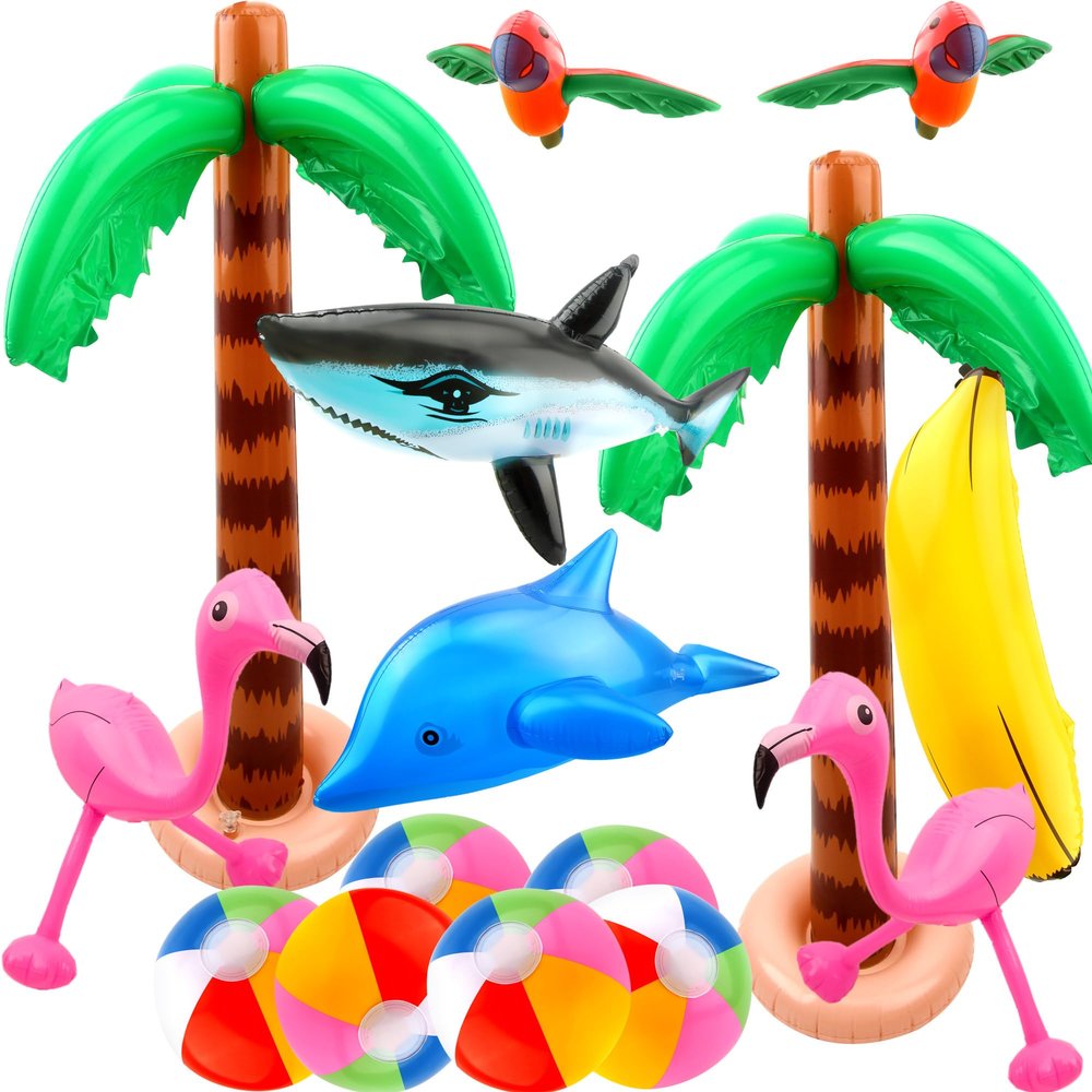 Cotiny 16 Pack Inflatable Palm Flamingo Tree Beach Ball Parrot Sharks Pool Party Toys Giant Tropical Inflatable Toys for Hawaiian Swimming Pool Decor Outdoor Activities