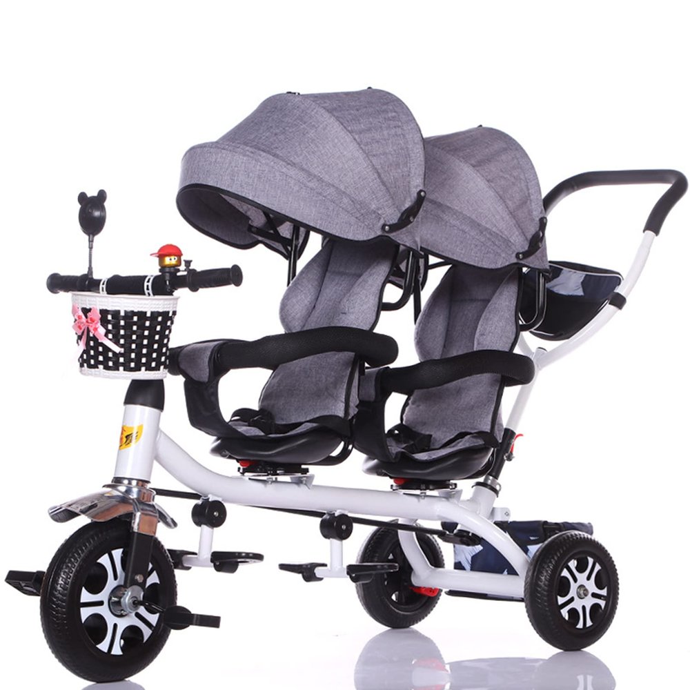 Double Lightweight Child 3 Wheel Bike, Children 4 in 1 Trike Twin Seat Trolley,Comfort Tricycle with Basket, Detachable Handlebar and Canopy for 12 Months to 6 Years (115x98cm(45.3x38.6in), Grey)