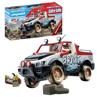 Playmobil Rally Car Toy Playset - 74 Piece Bundle Including Stuntman Mini Figure - Movable Axle and Removable Roll Bar to Insert Figure - Complete with Full Tool Box, Map, Camera, Thermos and Gas Can