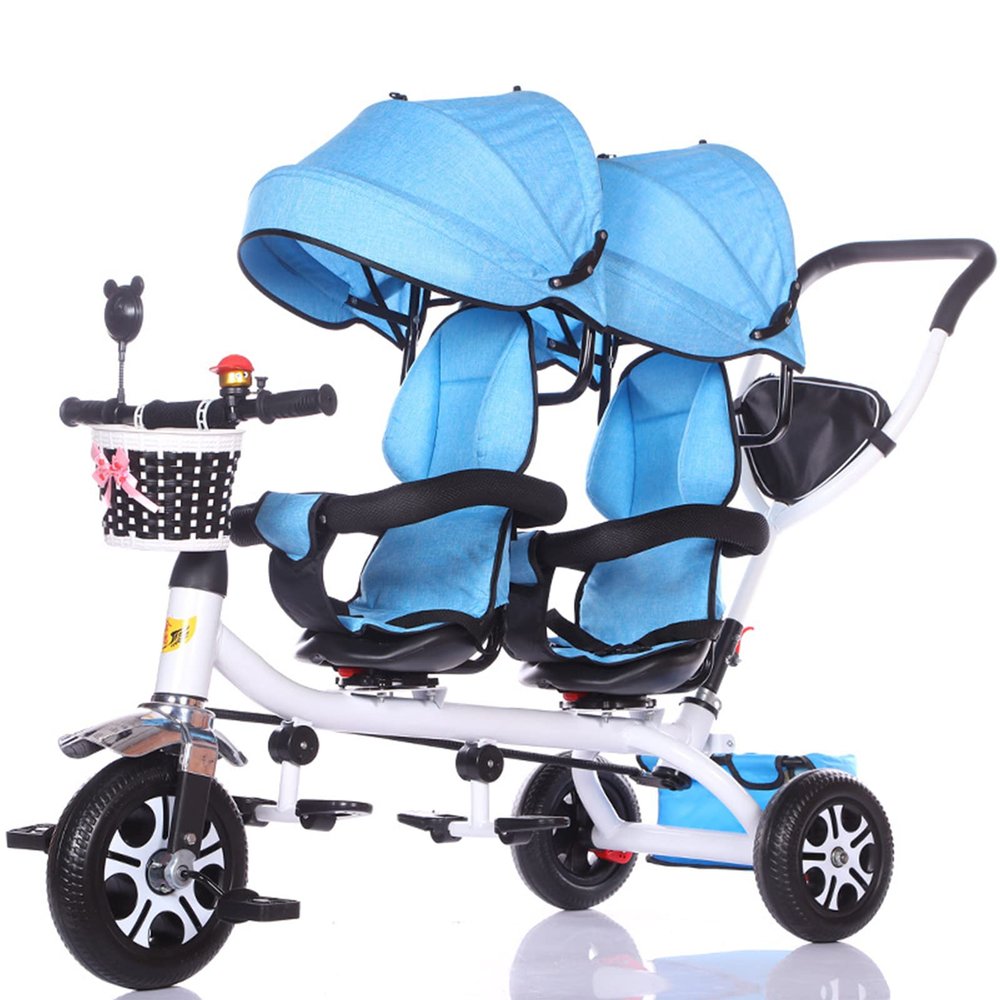 Double Lightweight Child 3 Wheel Bike, Children 4 in 1 Trike Twin Seat Trolley,Comfort Tricycle with Basket, Detachable Handlebar and Canopy for 12 Months to 6 Years (115x98cm(45.3x38.6in), Blue)