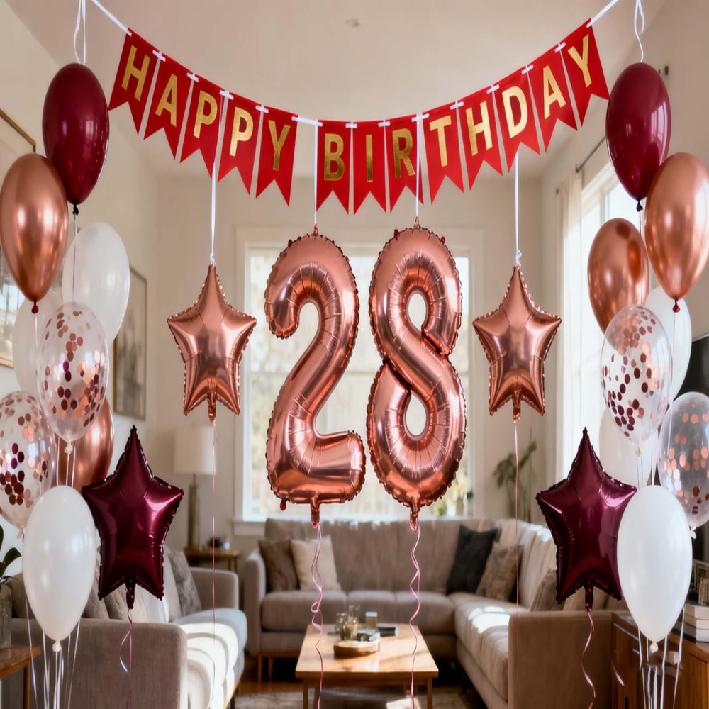 28th Birthday Party Decorations Rose Gold for Women, Birthday Banner Rose Red Number 28 Balloons Star Foil Balloons 28th Birthday Confetti Balloons for Women 28 Years Old Birthday Party(28th)