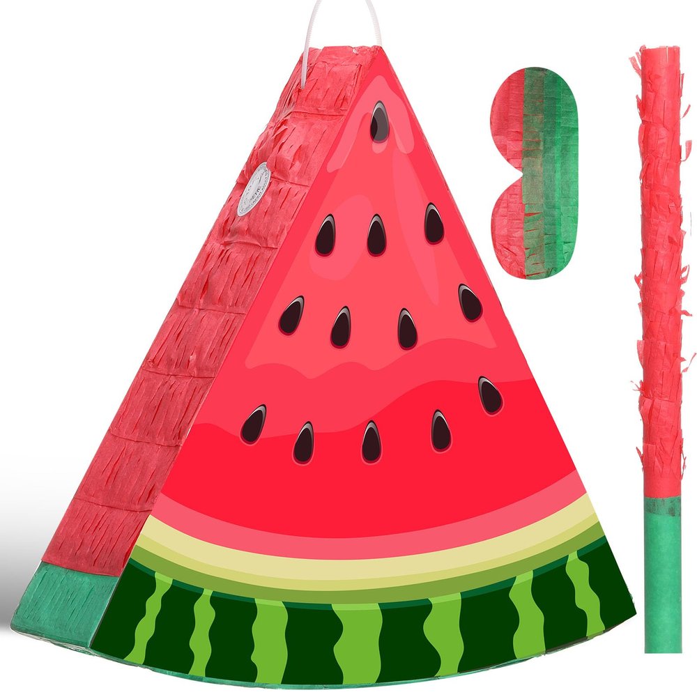 Aoriher Small Watermelon Piata with Blindfold Bat Fruit Piata Summer Decorations for Birthday Party Summer Theme Party Game Supplies, 12.6 x 13 x 3