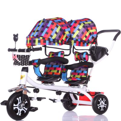 Double Lightweight Child 3 Wheel Bike, Children 4 in 1 Trike Twin Seat Trolley,Comfort Tricycle with Basket, Detachable Handlebar and Canopy for 12 Months to 6 Years (115x98cm(45.3x38.6in), Colour)