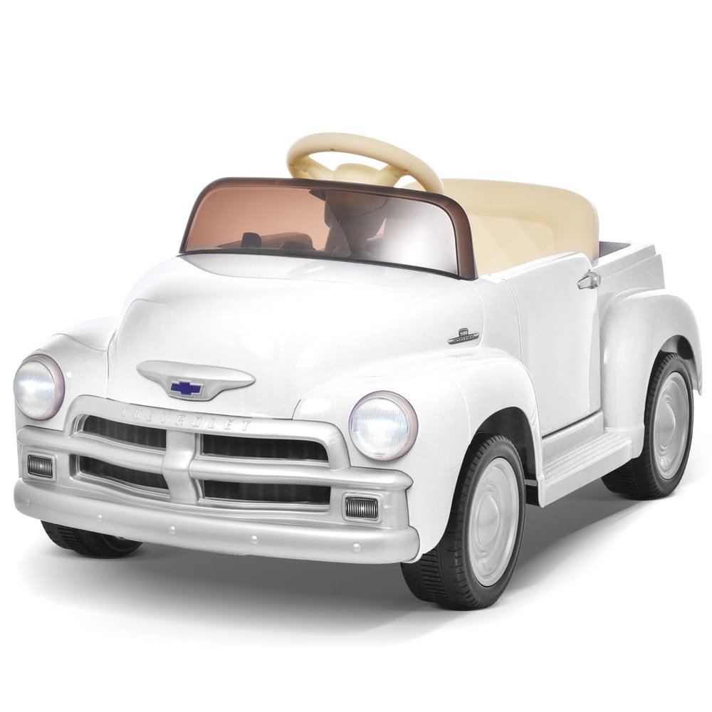 Joywhale 12V Kids Ride on Car Licensed Chevrolet 3100 Pickup Battery Powered Motorized Electric Car, with 7AH Big Battery, 2.4G Remote Control, 3-Speeds, Storage Space, Music, Retro Style, White