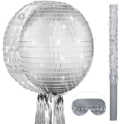 Aoriher Piata 12.6 x 12.6 x 3 Inch Disco Party Game Set Ball Piata Silver Foil 80s 90s Decoration with Stick Mask for Retro Theme Birthday Wedding Party Supplies(Silver,Disco Ball)