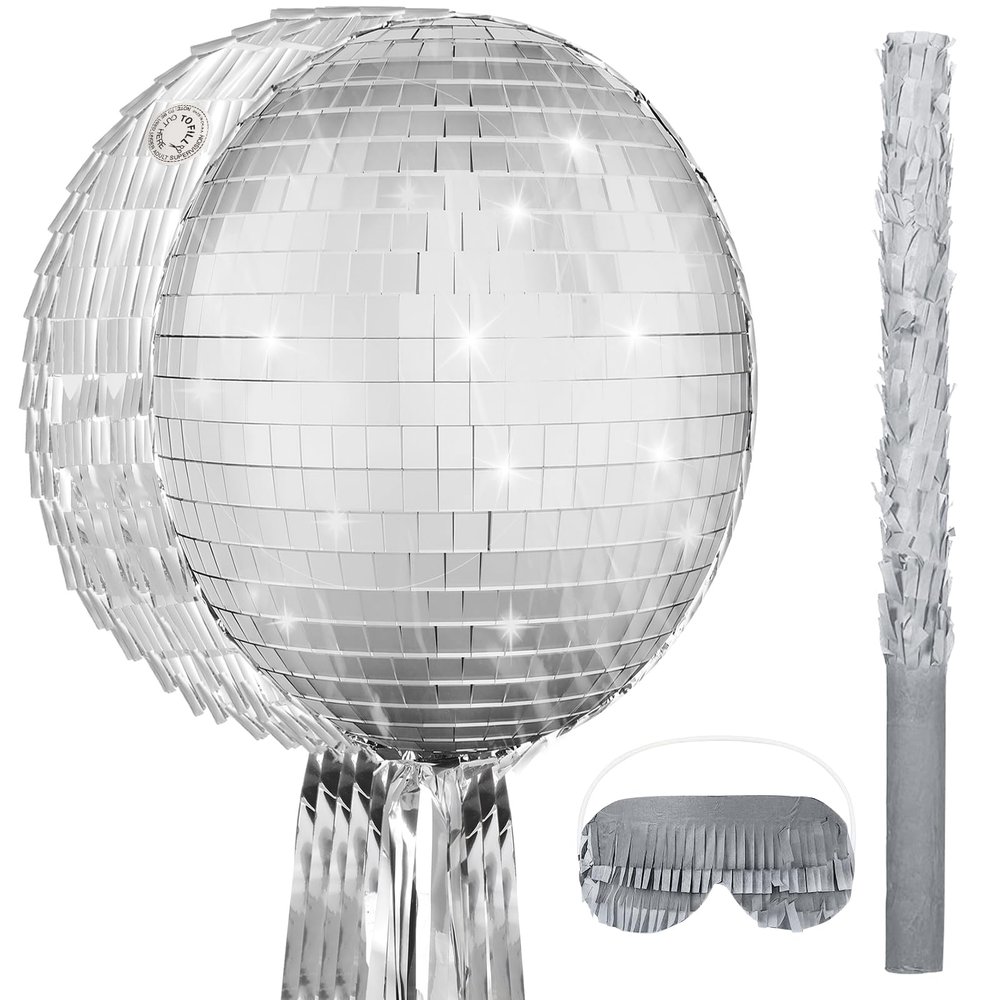 Aoriher Piata 12.6 x 12.6 x 3 Inch Disco Party Game Set Ball Piata Silver Foil 80s 90s Decoration with Stick Mask for Retro Theme Birthday Wedding Party Supplies(Silver,Disco Ball)
