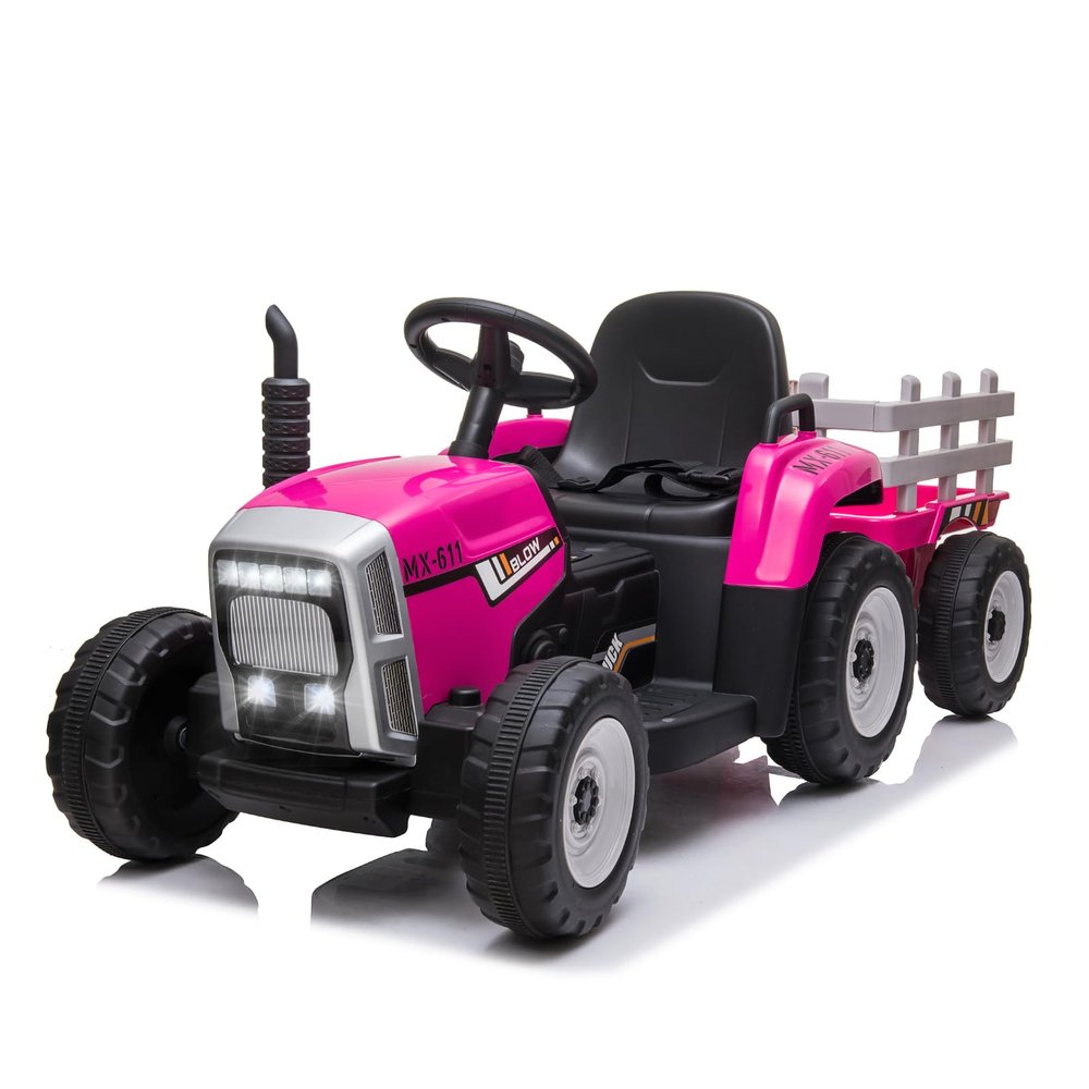 SEHOMY Pink Kids Ride on Tractor with Trailer and Dual 25W Motors, 12V Battery Powered Electric Kids Vehicle Car with Remote Control, 3-Gear-Shift, Music, LED Lights,USB, Four Wheelers for Girls