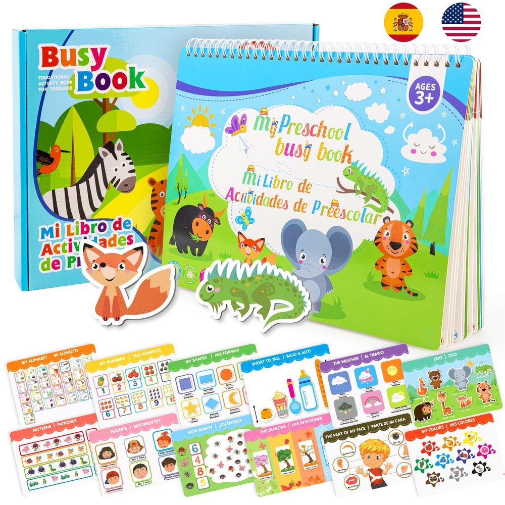 Ayyomo Spanish & English Busy Books for Toddlers, Bilingual Preschool Activity Book for 3 4 5 Year Old, Kids Easter Basket Stuffers, Interactive Educational Learning Activities Birthday Gifts