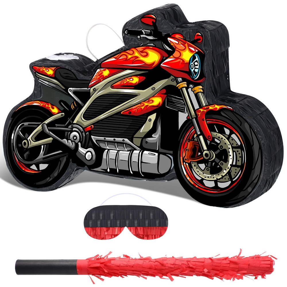 Shappy 3D Train Piata Red Motorcycle Piata Small Race Car Birthday Decor with Blindfold Stick Confetti Railroad Bike Car Party Decorations for Racing Theme Birthday Favors Supplies(Redmotorcycle)