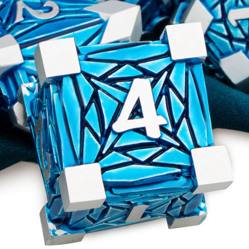 ARUOHHA DND Metal Dice Set Crystal Shards Dice with Gift Box, 7PCS Silver Blue Polyhedral Dice RPG Role Playing Game Handmade 6 Sided D and D Dice Set D20 D12 D10 D8 D6 D4