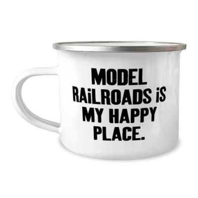 Reusable Model Railroads 12oz Camper Mug, Model Railroads is My Happy Place, Joke Gifts for Friends, Birthday Gifts, Model train set, Toy trains, Train tracks, Railroad toys, Electric trains, Battery