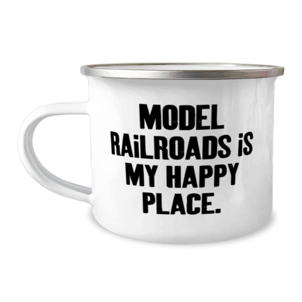 Reusable Model Railroads 12oz Camper Mug, Model Railroads is My Happy Place, Joke Gifts for Friends, Birthday Gifts, Model train set, Toy trains, Train tracks, Railroad toys, Electric trains, Battery