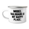 Reusable Model Railroads 12oz Camper Mug, Model Railroads is My Happy Place, Joke Gifts for Friends, Birthday Gifts, Model train set, Toy trains, Train tracks, Railroad toys, Electric trains, Battery view 1