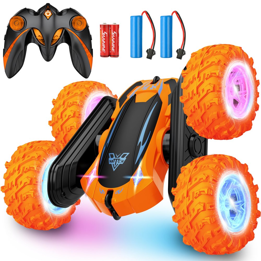 Remote Control Car, 2.4GHz Electric Race Stunt Car, Double Sided 360 Rolling Rotating Rotation, LED Headlights RC 4WD High Speed Off Road Gift for 3 4 5 6 7 8-12 Year Old Boy Toys (Orange)