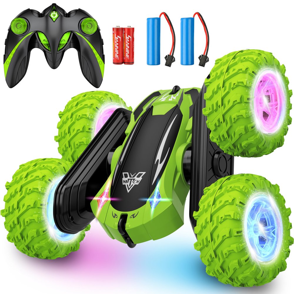 KKONES Remote Control Car, 2.4GHz Electric Race Stunt Car, Double Sided 360 Rolling Rotating Rotation, LED Headlights RC 4WD High Speed Off Road Gift for 3 4 5 6 7 8-12 Year Old Boy Toys (Green)