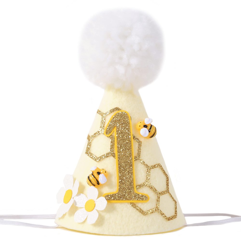 SYESQL Bee Themed Birthday Hat - Medium, Golden and White, for First Birthday, Babies and Toddlers, Costume Headwear