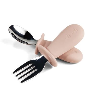 Ali+Oli Spoon & Fork Learning Set for Toddlers (Powder Pink) 6m+ Grab Easy BPA Free Food-Grade Silicone Handle, Kids Silverware Self Feeding Baby Utensil, Multi-stage Baby Feeding Set Ergonomic Design