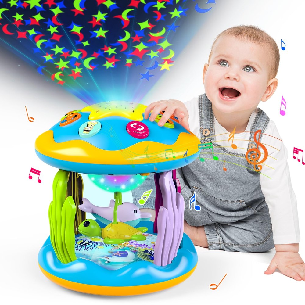 Baby Toys 6 to 12 Months, 4 in 1 Musical Rotating Projector, Tummy Time Light Up Infant Toys For 6-9 12-18 Months, Learning Toy Birthday Gifts for Baby Toddlers 1 2 3 Years old Boys & Girls