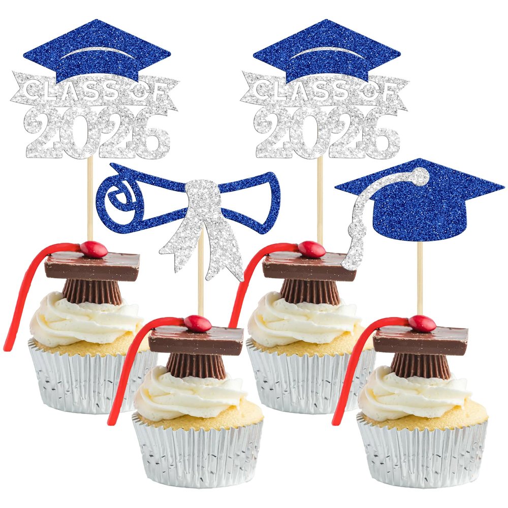 Gyufise 24Pcs Class of 2026 Graduation Cupcake Toppers Glitter Diploma 2026 Grad Cap Cupcake Picks for 2026 Theme Party Cake Decorations Supplies Silver Blue