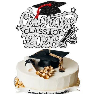Gyufise 1 Pack Graduation Cake Topper Congrats Grad Class of 2026 Cake Decoration for We Are Proud of You Themed Graduation Cap Diploma Cake Decorations Im Done Party Supplies Silver