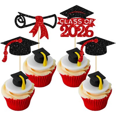 Gyufise 24Pcs 2026 Graduation Theme Cupcake Toppers Glitter Diploma Graduation Cap Cupcake Picks Class of 2026 Cake Decorations for 2026 Grad Theme Party Supplies Black Red