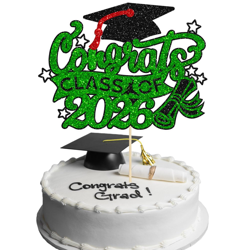 Gyufise 1 Pack 2026 Graduation Cake Topper with Glitter Class of 2026 Cake Topper Diploma Grad Cap Class of 2026 Cake Picks Decorations for 2026 Graduation Theme Party Supplies Green