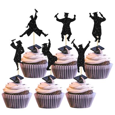 Gyufise 24Pcs 2026 Graduation Cupcake Toppers Black Glitter Class of 2026 Boys Girls Graduation Cap Cupcake Picks for 2026 Grad Theme Party Cake Decorations Supplies