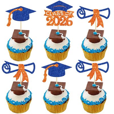 Gyufise 24Pcs Class of 2026 Graduation Cupcake Toppers Glitter Diploma 2026 Graduation Cap Cupcake Picks for 2026 Theme Party Cake Decorations Supplies Orange Blue