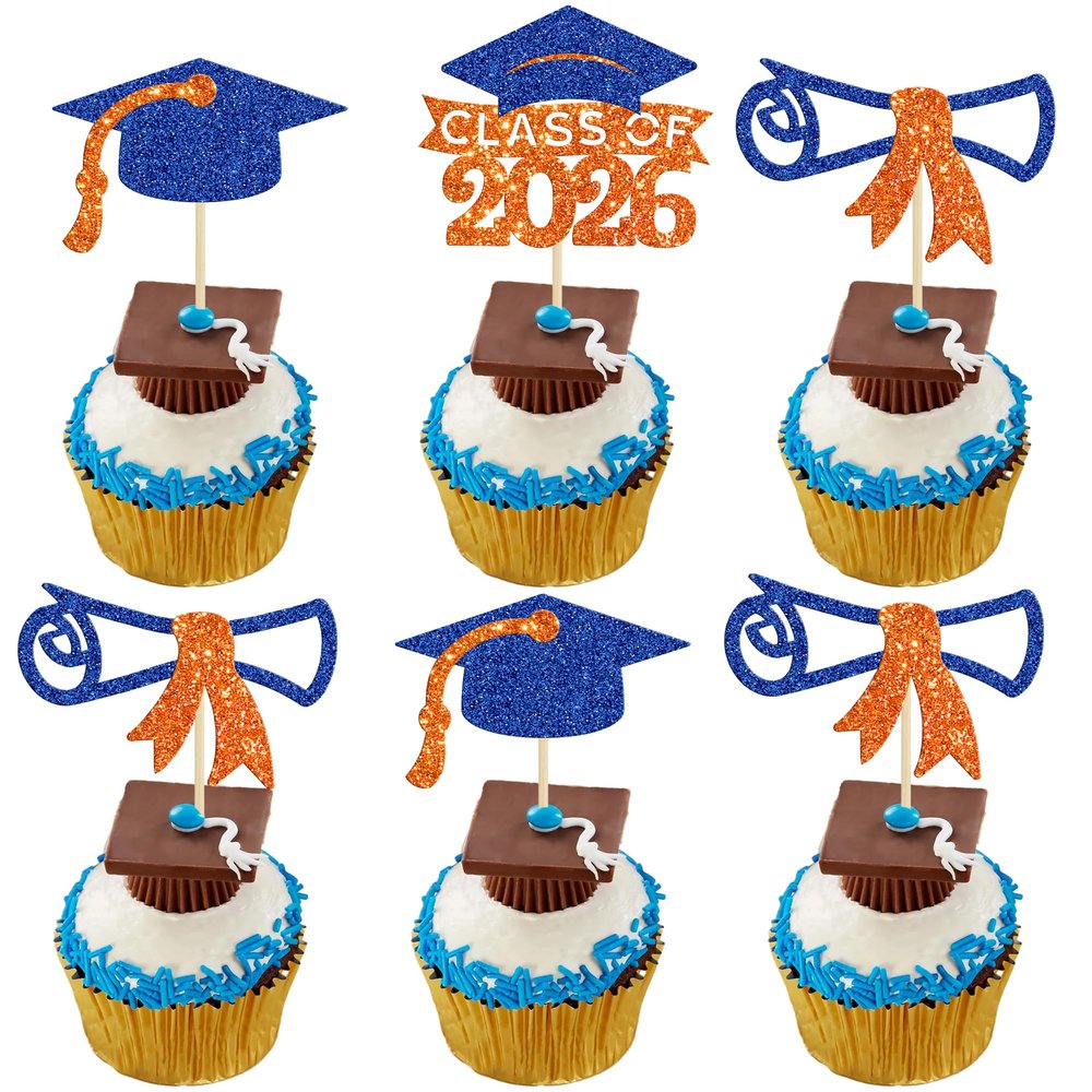 Gyufise 24Pcs Class of 2026 Graduation Cupcake Toppers Glitter Diploma 2026 Graduation Cap Cupcake Picks for 2026 Theme Party Cake Decorations Supplies Orange Blue