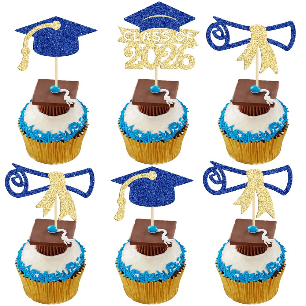 Gyufise 24Pcs 2026 Graduation Cupcake Toppers Glitter Class of 2026 Cupcake Picks Diploma Graduation Cap Cake Decorations for Theme Party Supplies Gold Blue